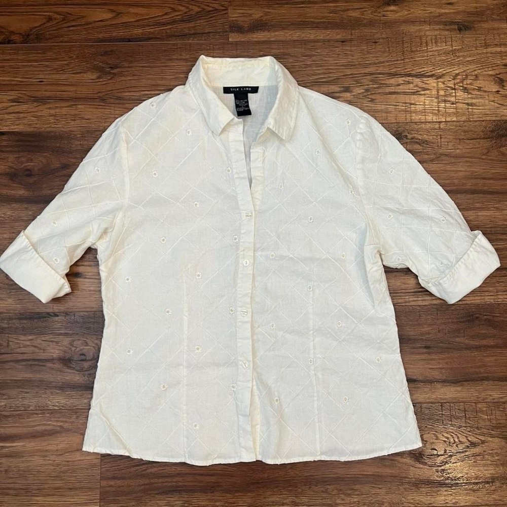 Silk Land White Linen‎ Button Up Shit Lightweight Quilted Texture Embroidered L